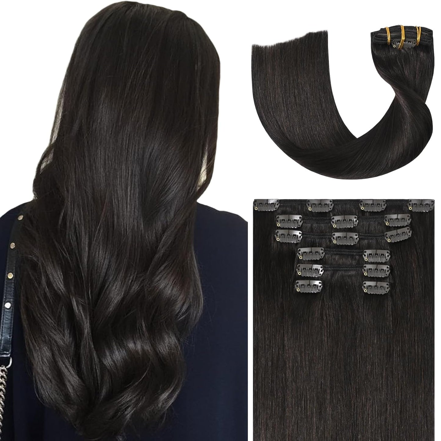 Ukira Brown Real Hair Extensions Clip in Human Hair, 22 Inch