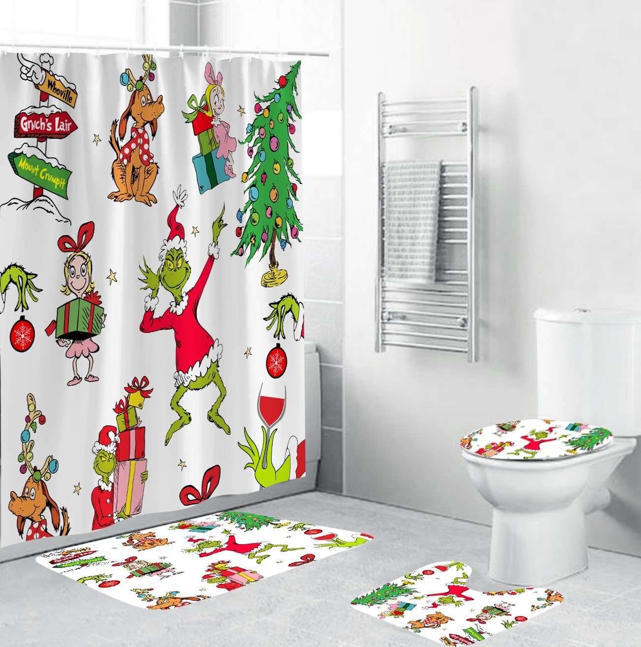 Xmas Bathroom Set: 4Pcs Non-Slip Decor 71x71 - White