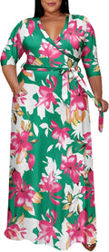 Plus Size Maxi Dress V Neck 3/4 Sleeve Floral - Comfortable Fit
