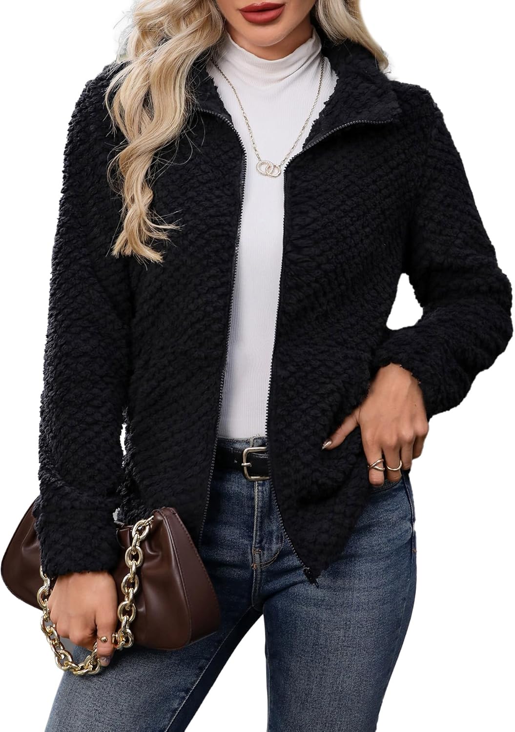 Women's Full Zip Stand Collar Fleece Sherpa Jacket with Pockets