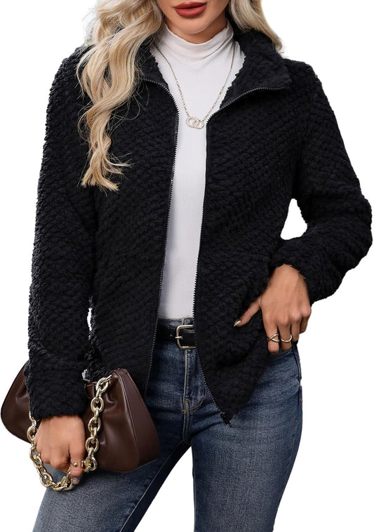Women's Full Zip Stand Collar Fleece Sherpa Jacket with Pockets