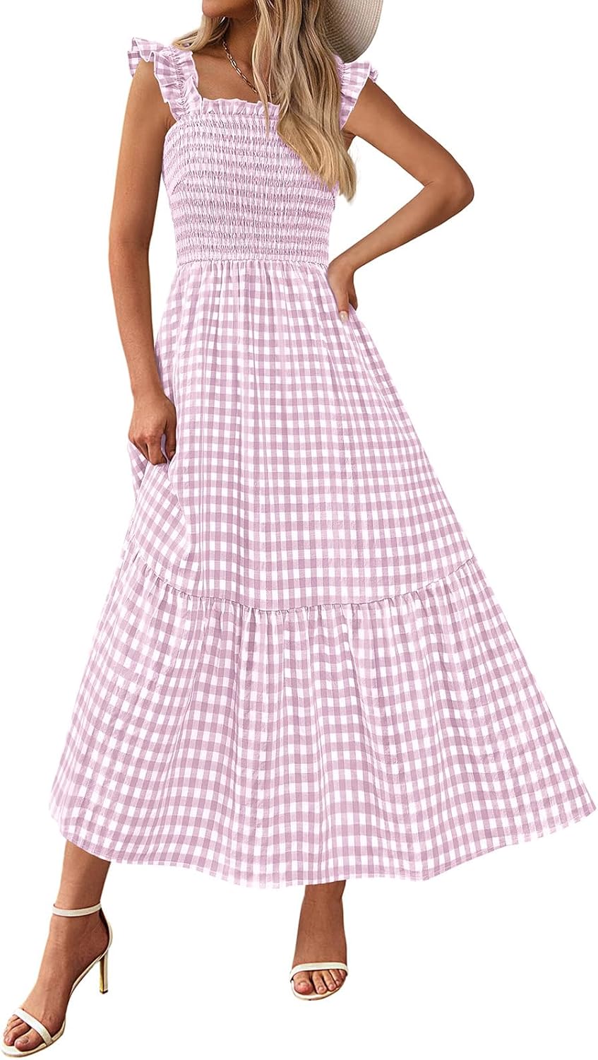 PRETTYGARDEN Womens Summer Dress Casual Square Neck Ruffle Strap