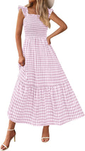 PRETTYGARDEN Womens Gingham Smocked Midi Dress - Flowy Summer Staple