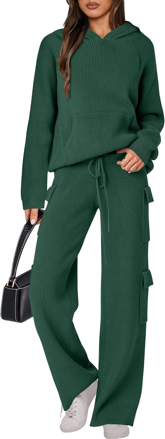Womens Two Piece Outfits Casual Knit Hooded Sweater Set