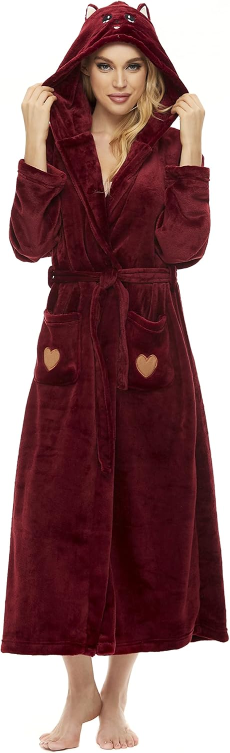 Iniber Plush Robes for Women - Soft Warm Fleece Hooded Bathrobe