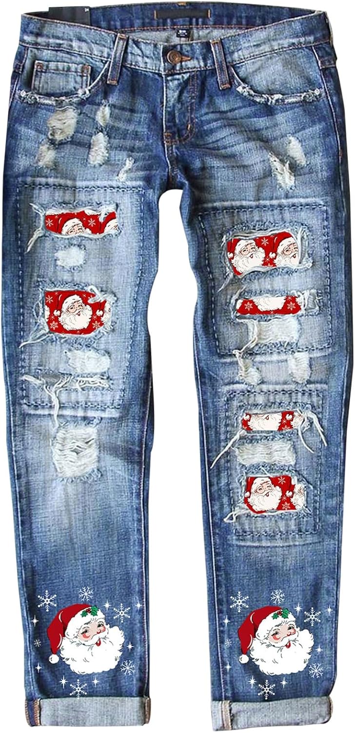 EVALESS Ripped Jeans for Women with Plaid Patch Design