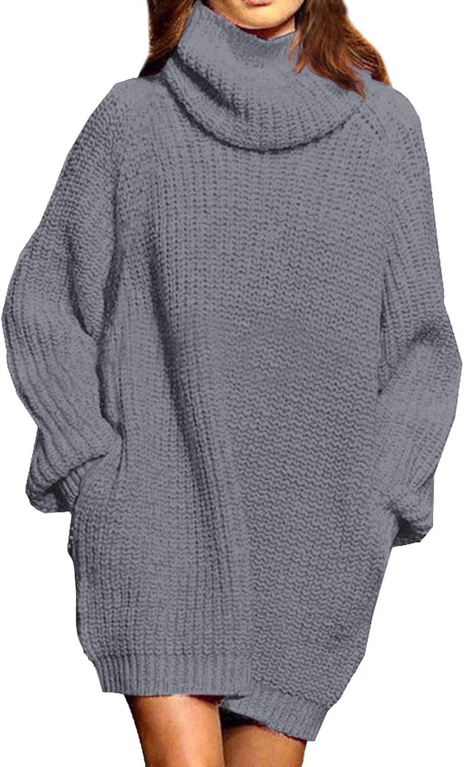 Pink Queen Women's Loose Turtleneck Oversize Long Pullover Dress