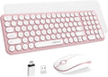 Wireless Keyboard and Mouse Combo - Cute Compact Pink Retro Round