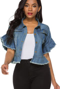 Suvimuga Women's Denim Jacket Ruffle Sleeve Crop - Stylish Layering