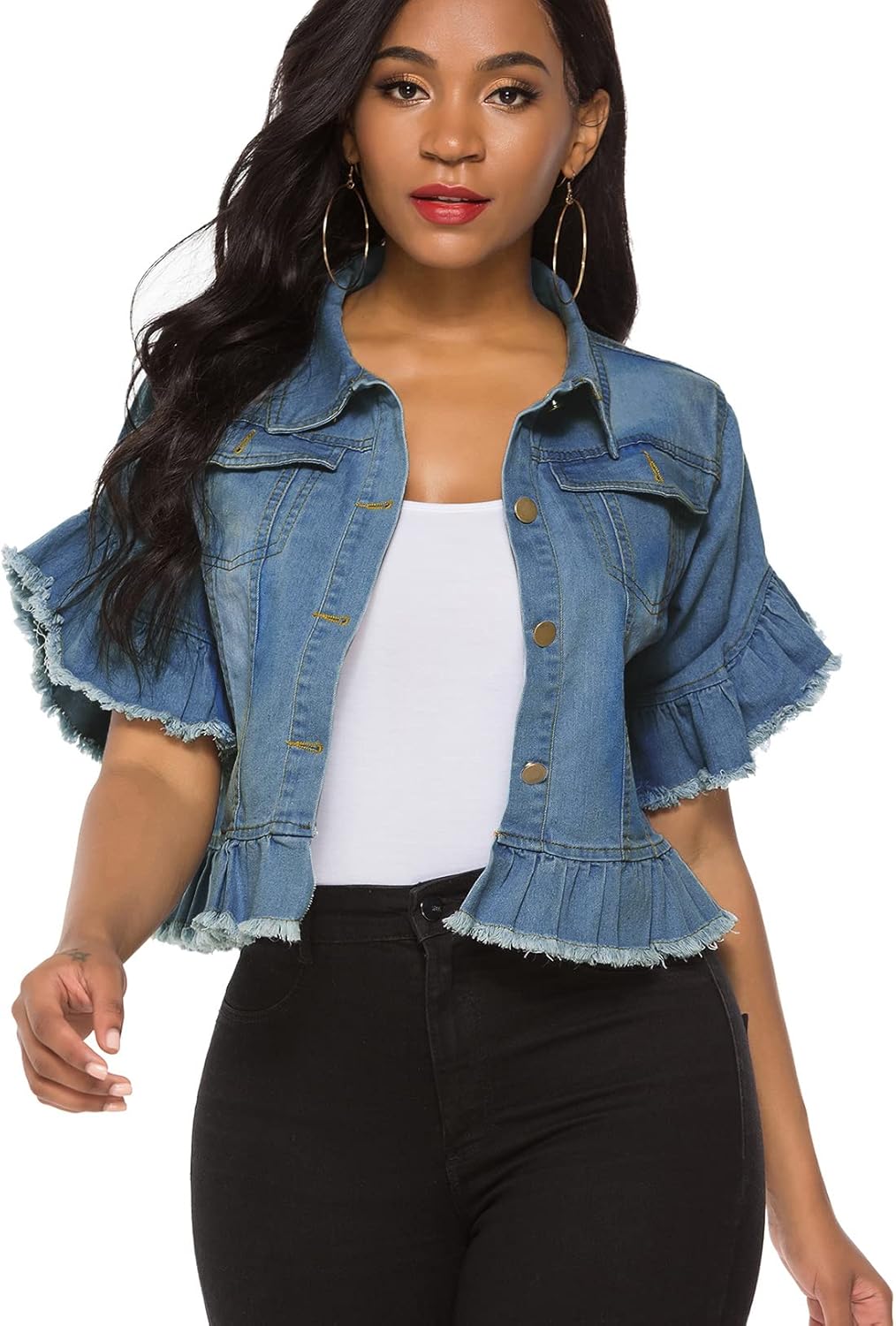 Suvimuga Women's Denim Jacket with Distressed Ruffle Sleeves