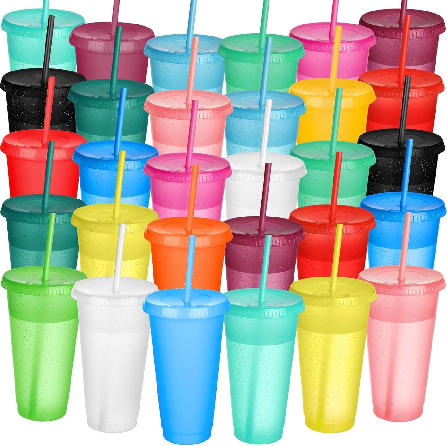 30 Pack Glitter Plastic Cups with Straw and Lid for Parties
