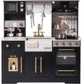 Wooden Play Kitchen Set for Kids and Toddlers - Black & Gold