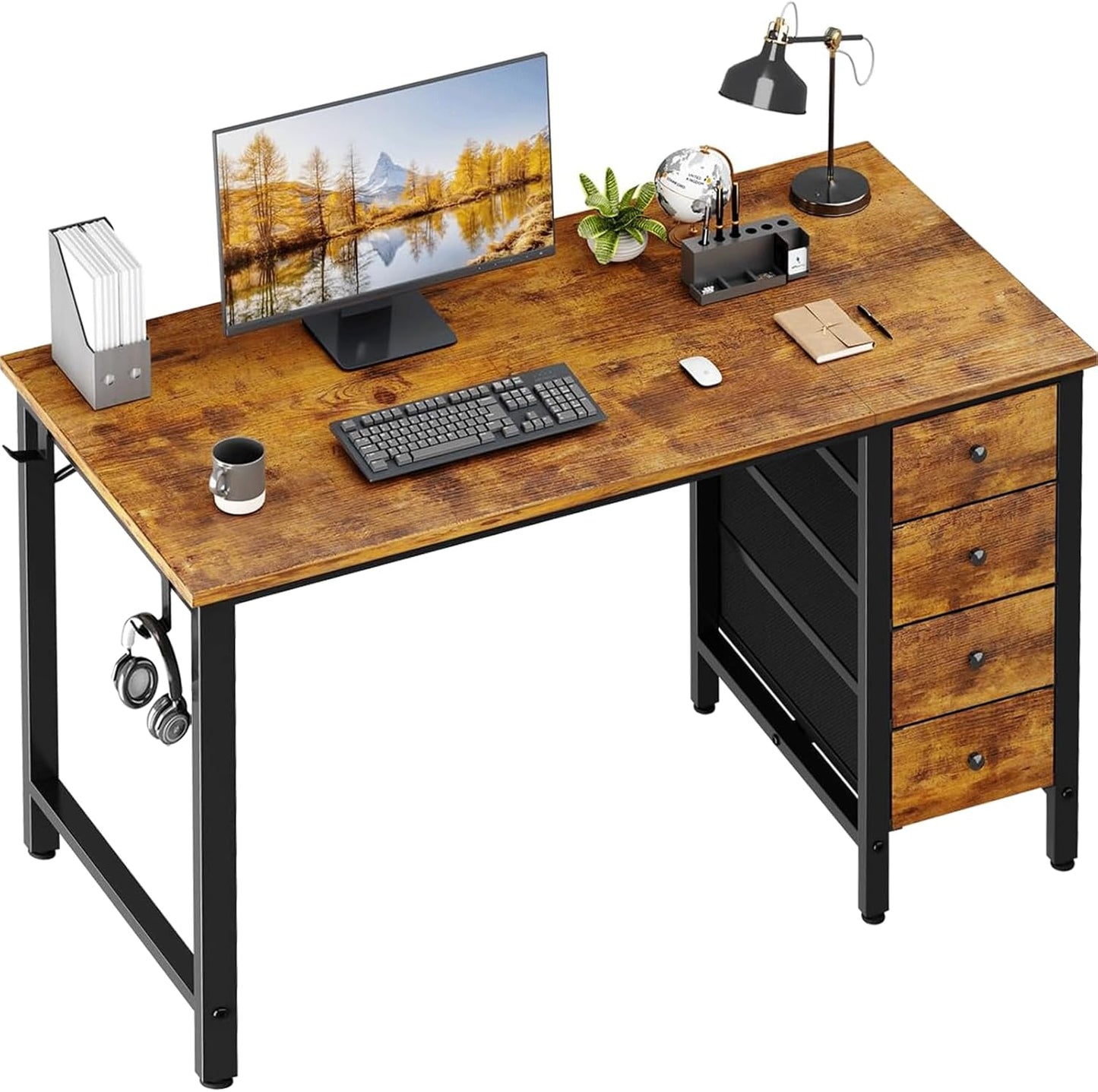 47 Reversible Computer Desk - 4 Drawers, Modern Rustic Brown