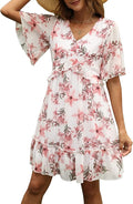 Manydress Chiffon Floral V Neck Mini Boho Ruffle Dress - Flattering