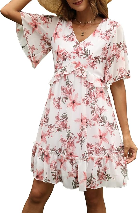 Manydress Women's Chiffon Floral Print V Neck Casual Mini Dress