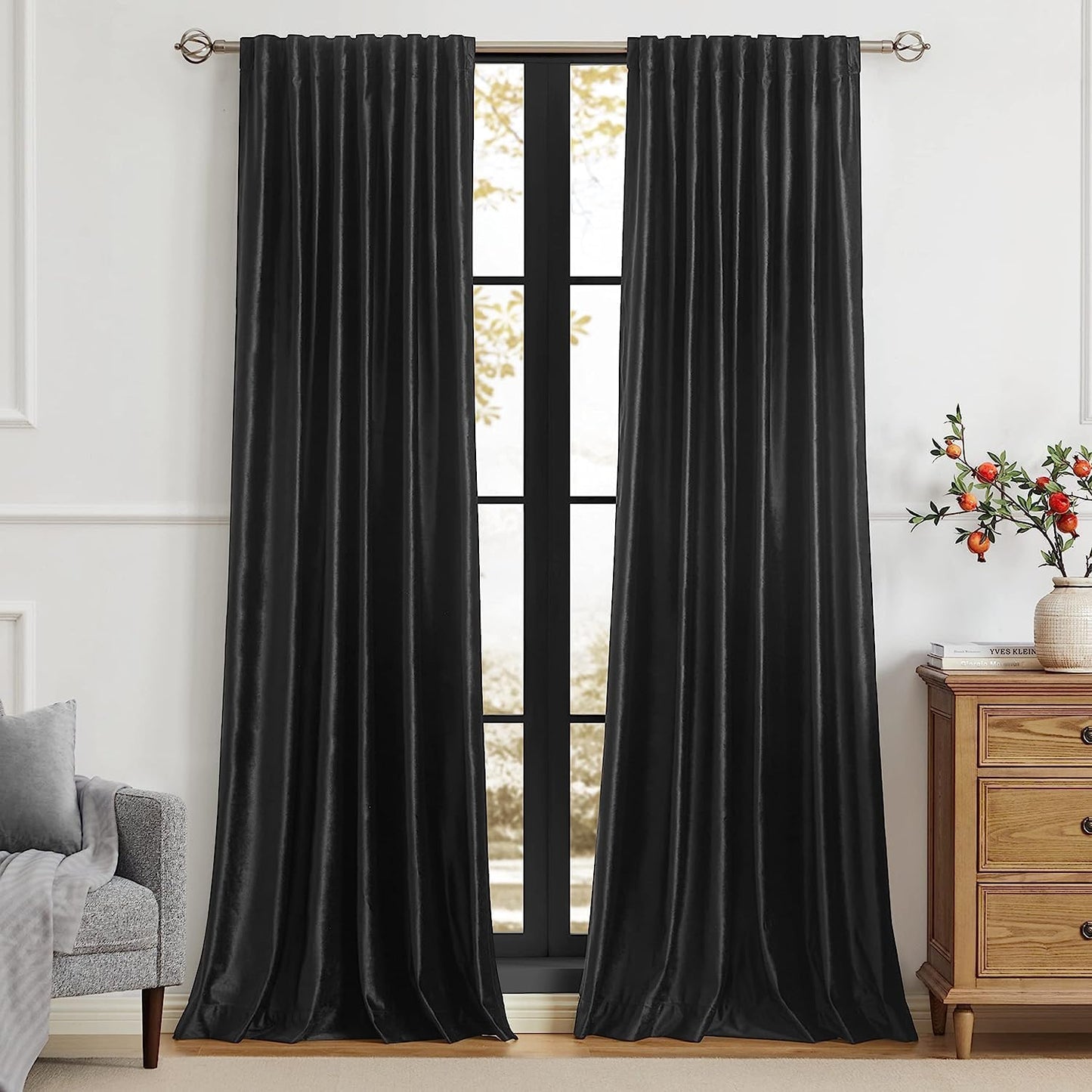 PRIMROSE Black Velvet Curtains 120 inch for Living Room Decor