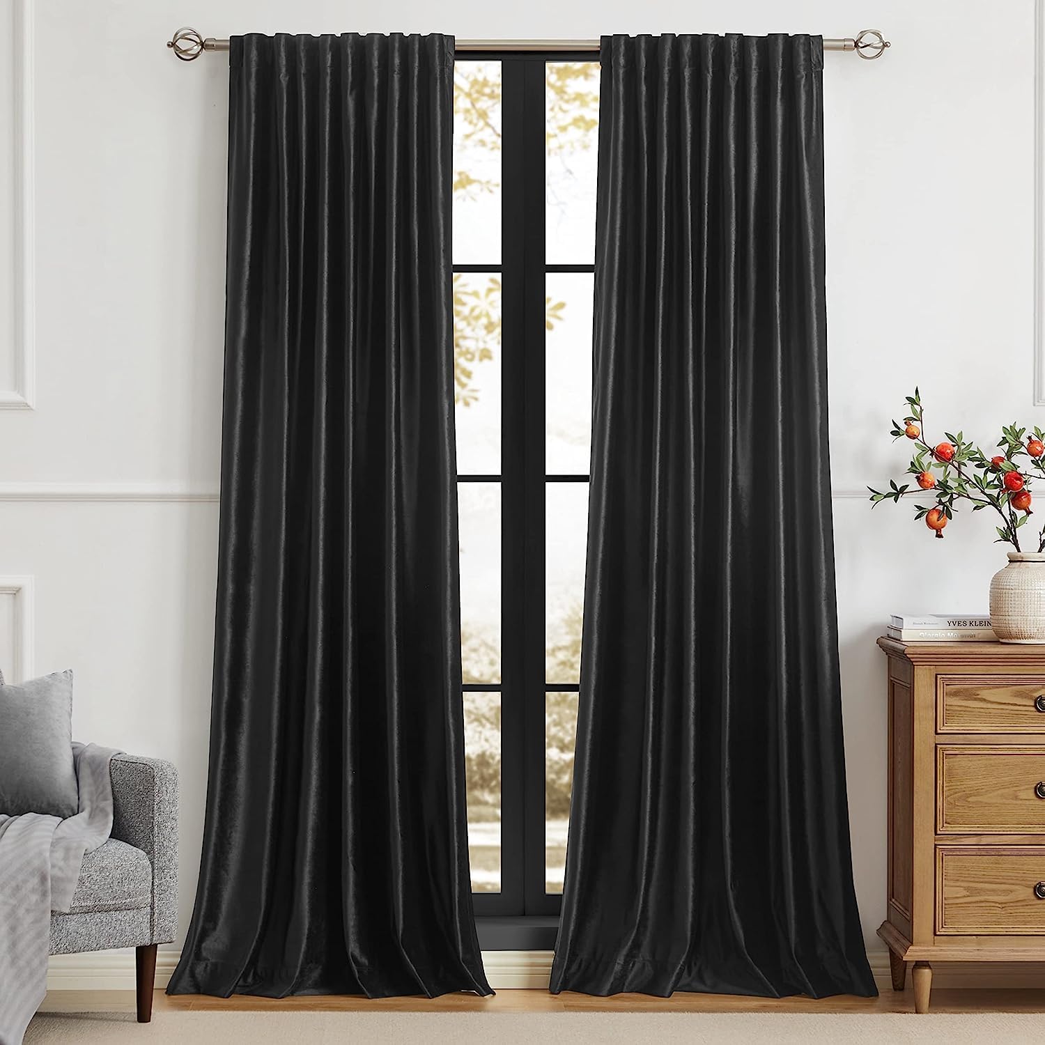 PRIMROSE Black Velvet Curtains 120 inch for Living Room Decor