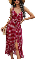 BROVAVE Summer Boho Polka Dot Spaghetti Strap V Neck Midi Dress