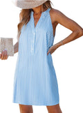 Striped Sleeveless Button Up Mini Dress - Casual Summer Coverup