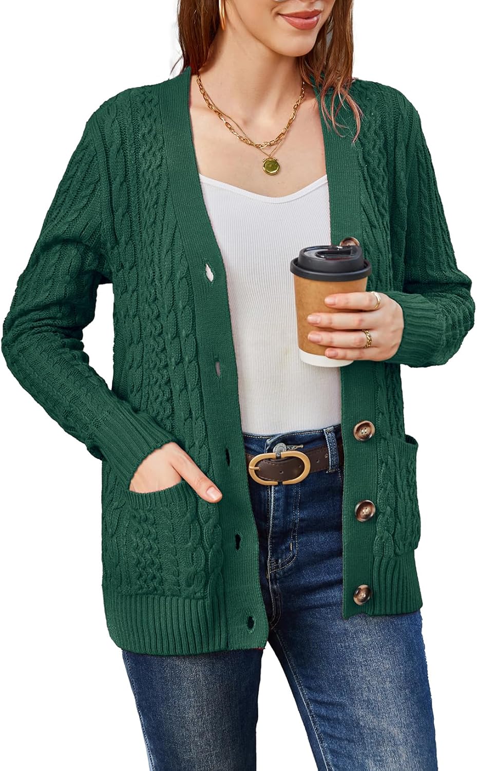 Womens Cardigan Sweaters Cable Knit Open Front with Pockets