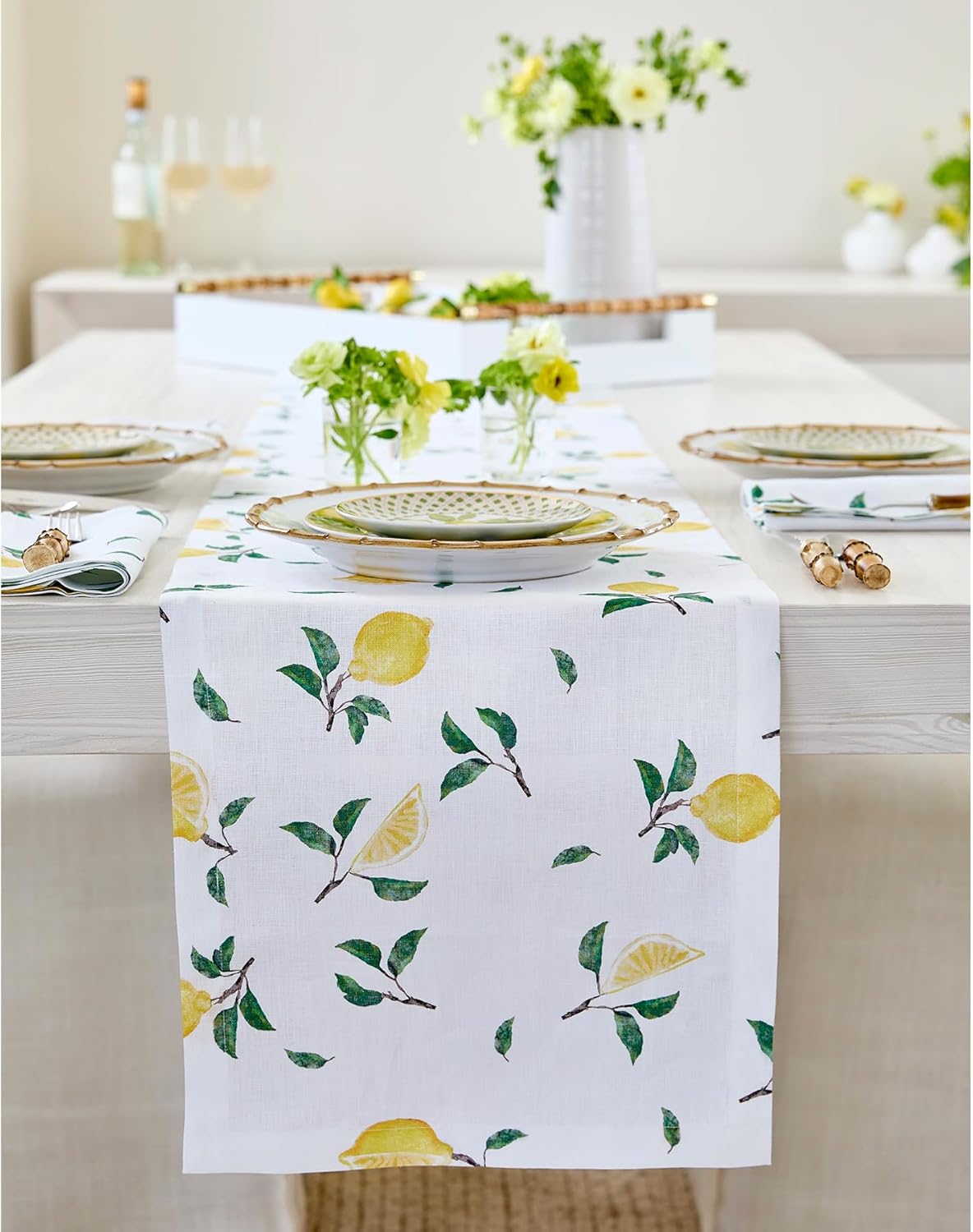 Botanical Lemon Print Table Runner - 100% Pure Linen 14 x 90 in