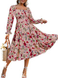 Boho Flowy Square Neck Floral Midi Dress - Smocked, Lightweight Shoes