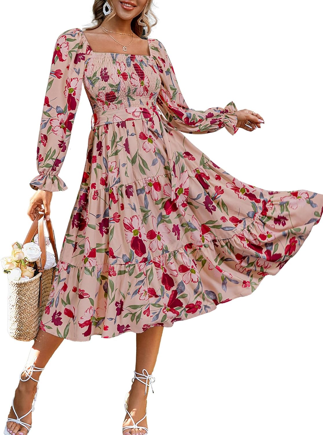 Amegoya Women's Boho Flowy Long Sleeve Floral Midi Dress