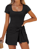 Caracilia Women Square Neck Bodycon Tie Cinched Waist Romper Dress