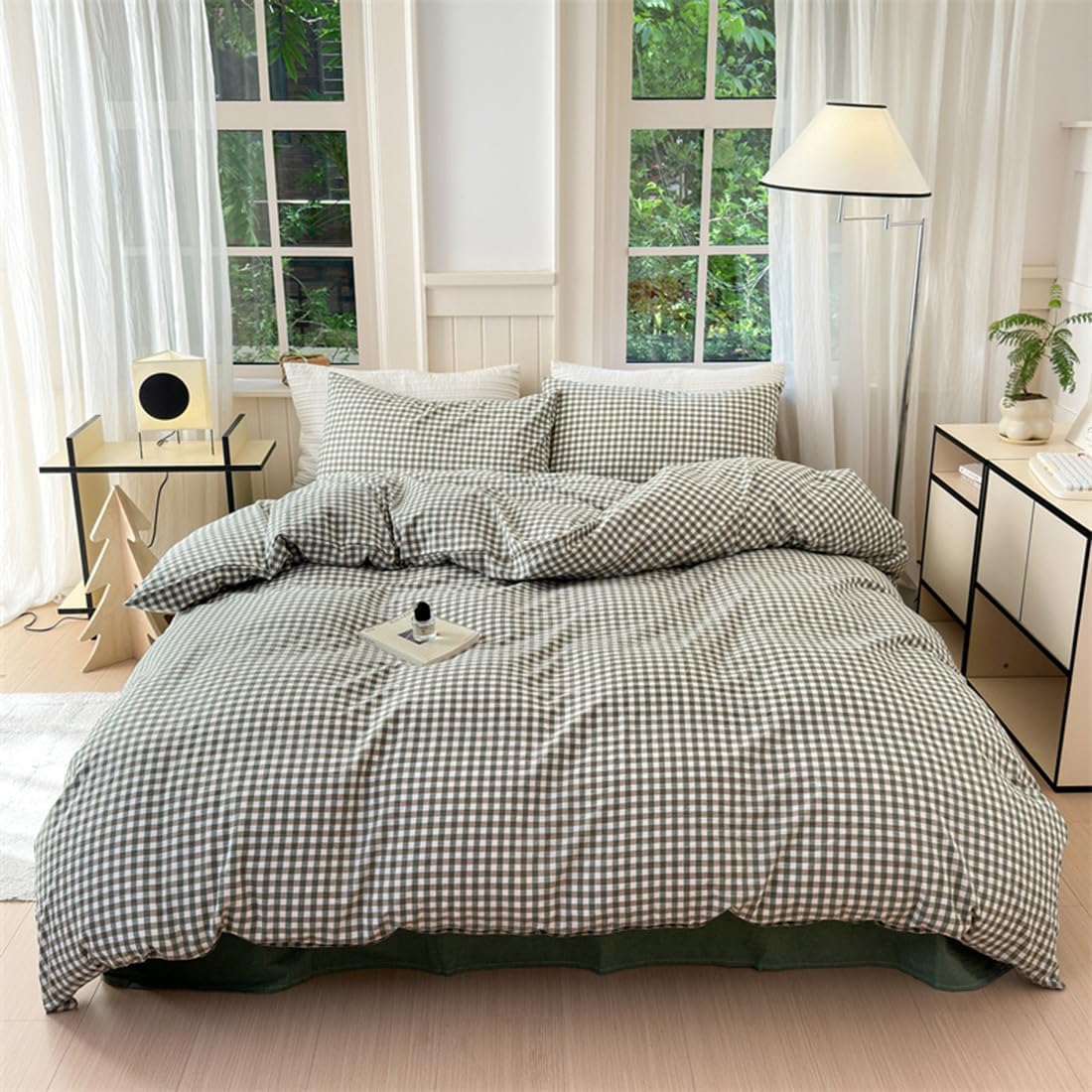 Mucalis Green Gingham Duvet Cover King Set for Modern Bedrooms