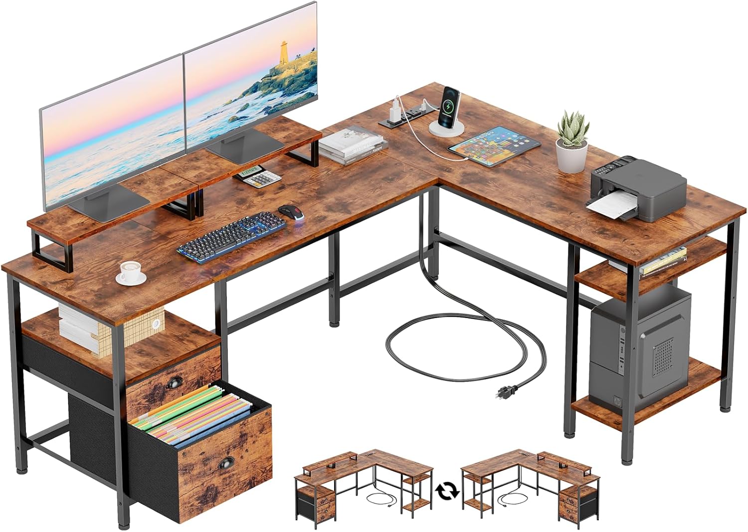 Furologee L-Shaped Desk: Power Outlet, Storage & Style