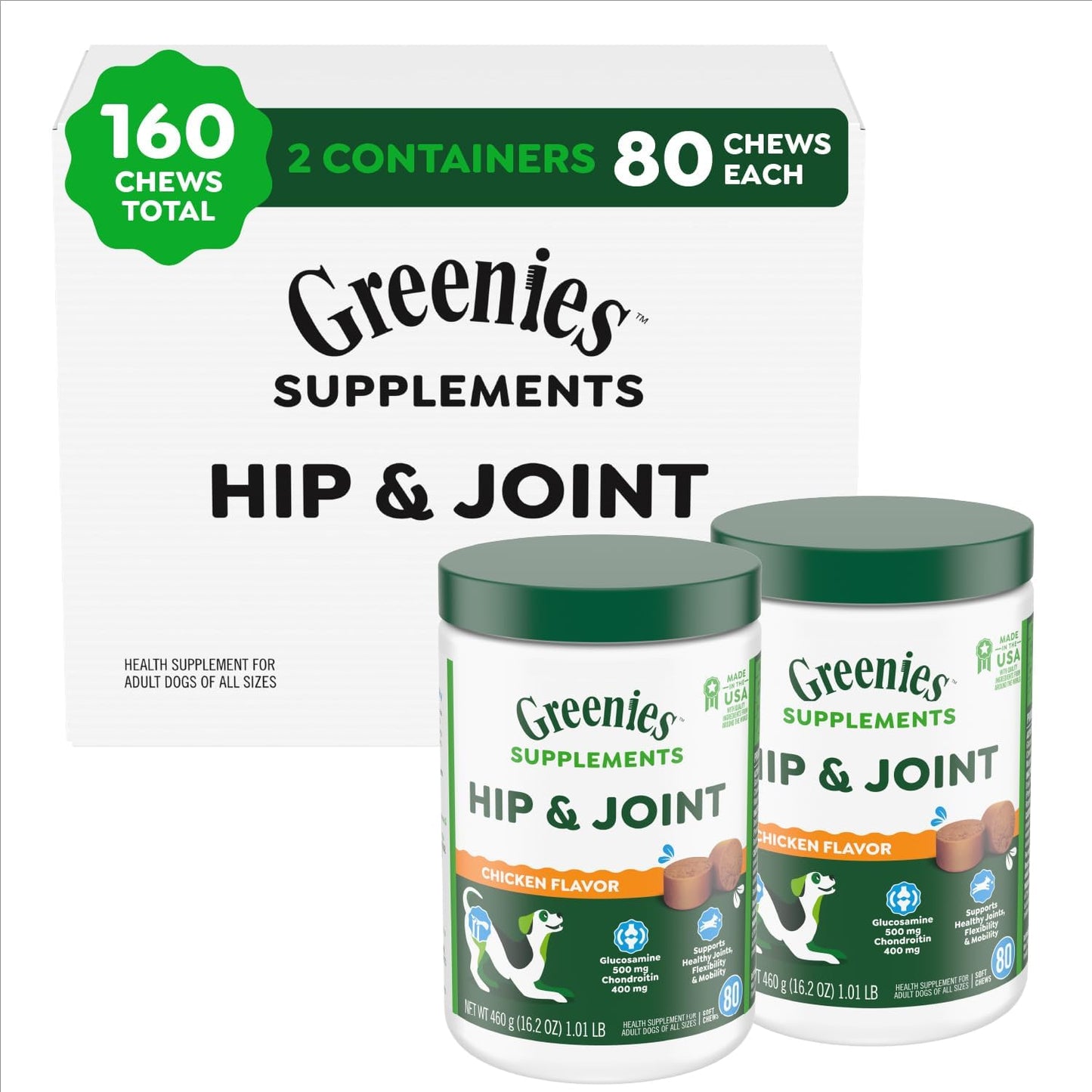 Greenies Hip and Joint Supplement for Dogs, Chicken Flavor, 80 Count