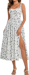 KUTUMAI Floral Corset Midi Dress Flowy Slit Sundress - Flattering