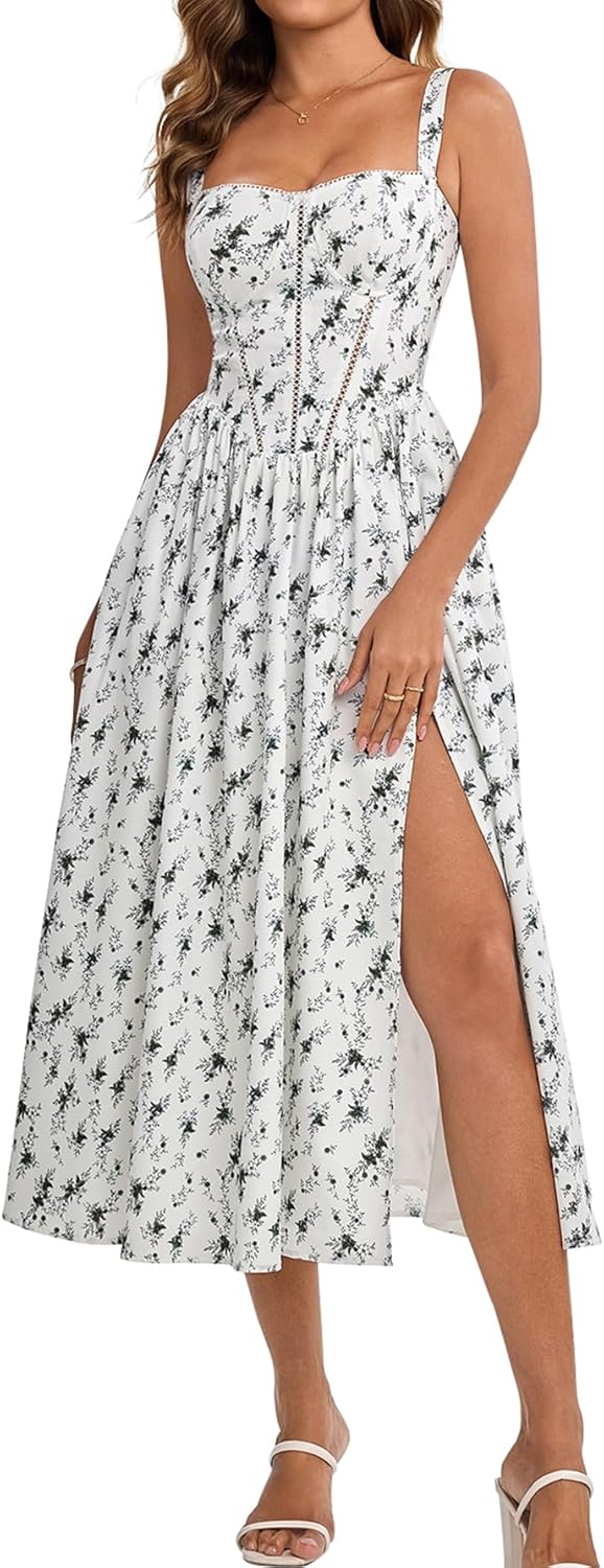 Floral Corset Midi Dress with Pockets for Summer Weddings