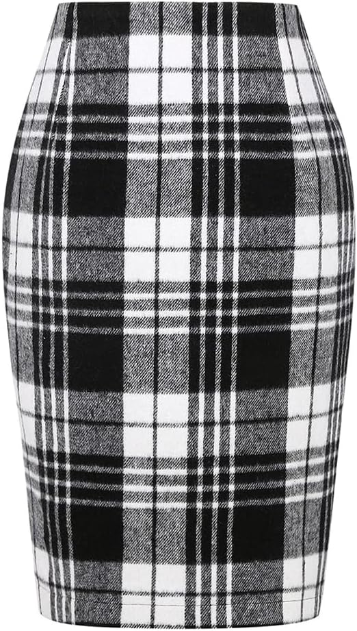 Womens Wool Plaid Pencil Skirt High Waisted Bodycon Midi Skirt