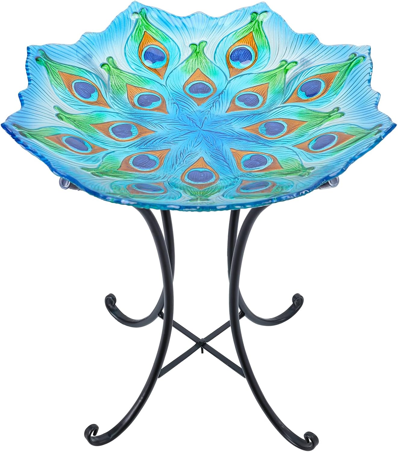 MUMTOP Outdoor Glass Birdbath with Metal Stand for Garden Decor