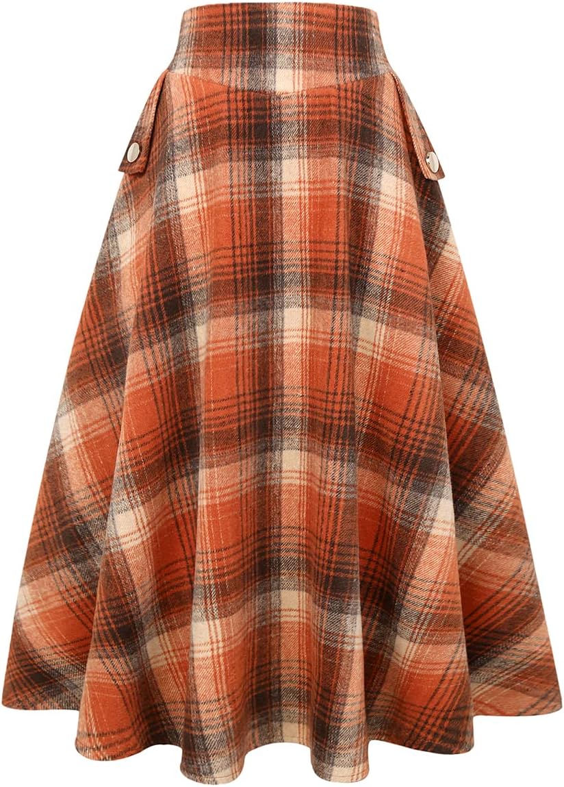 IDEALSANXUN Womens High Waisted Wool Plaid A-line Long Skirt