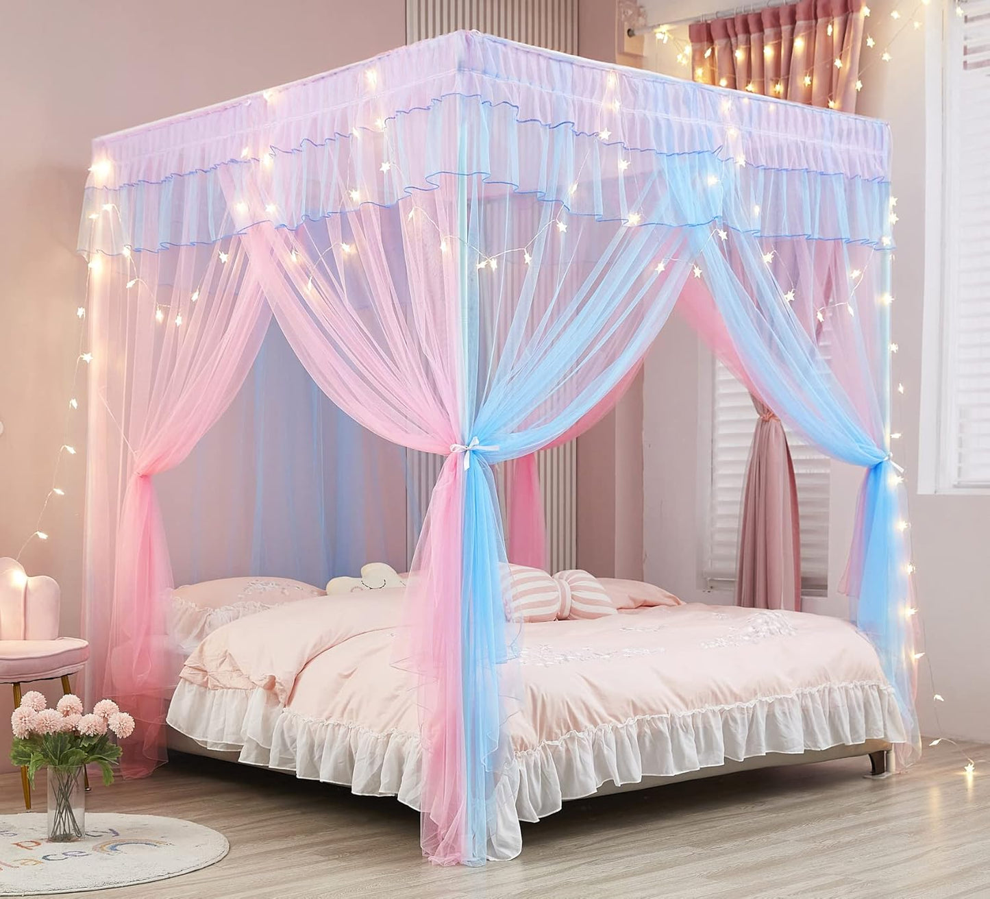 Mengersi Rainbow Canopy Bed Curtains with Lights for Girls