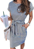 Women's Summer Striped Short Sleeve T Shirt Dress - Tie (Style 5CXH)
