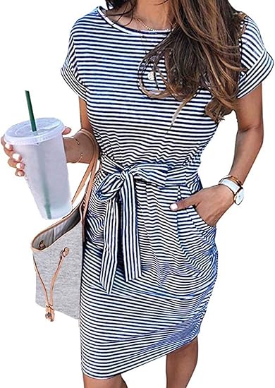 MEROKEETY Women's Summer Striped Short Sleeve T Shirt Dress