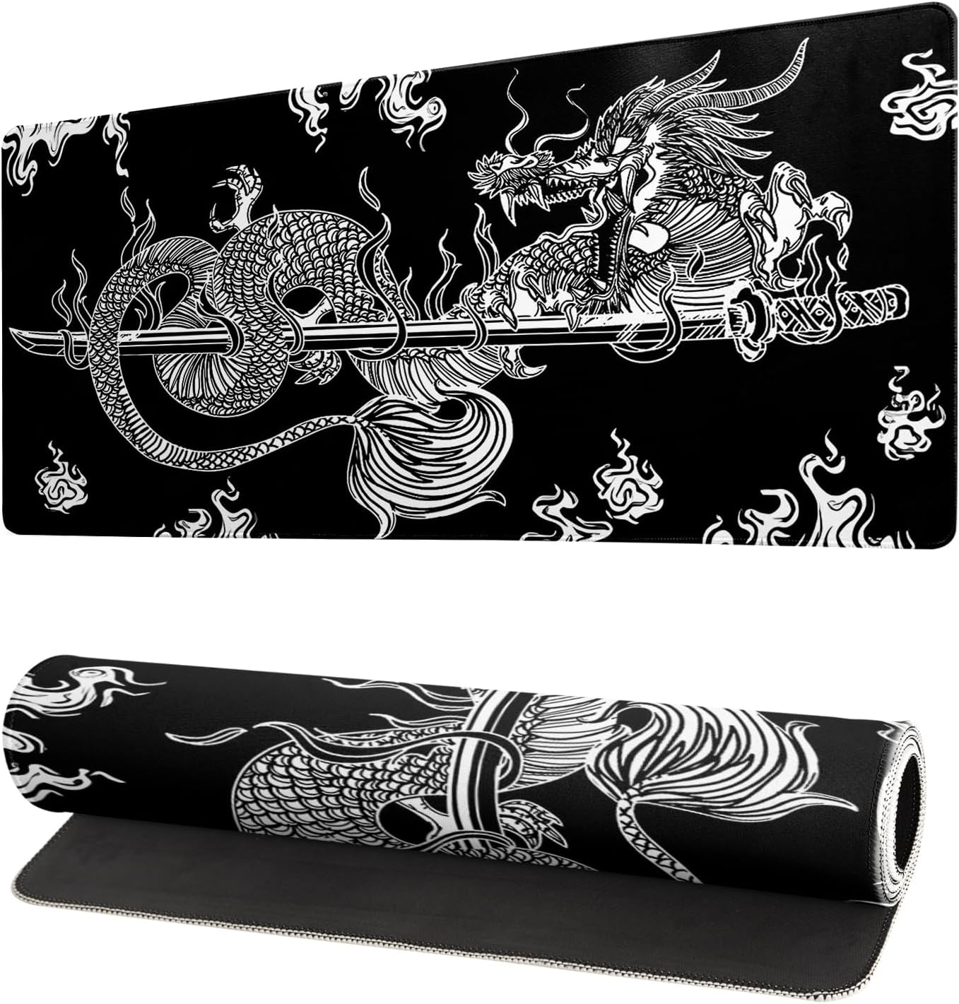 Large Black Dragon Gaming Mouse Pad - Non-Slip Base, Stitched Edge - 27.6x11.8 Inch