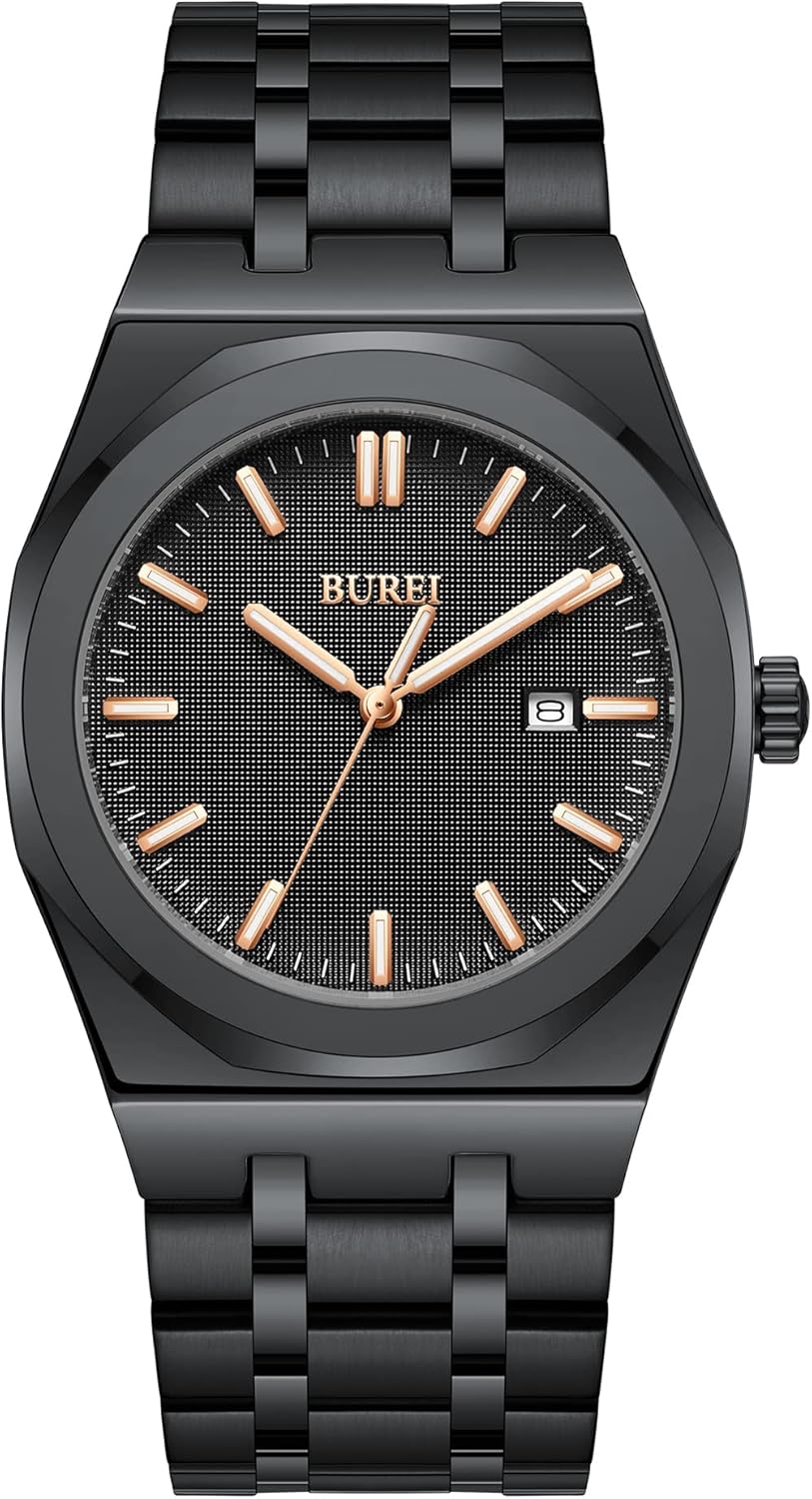 BUREI Men Watches Fashion Stainless Steel Analog Quartz Waterproof