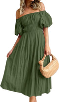 ZESICA Off Shoulder Puff Sleeve High Waist Midi Dress - Flowy Boho