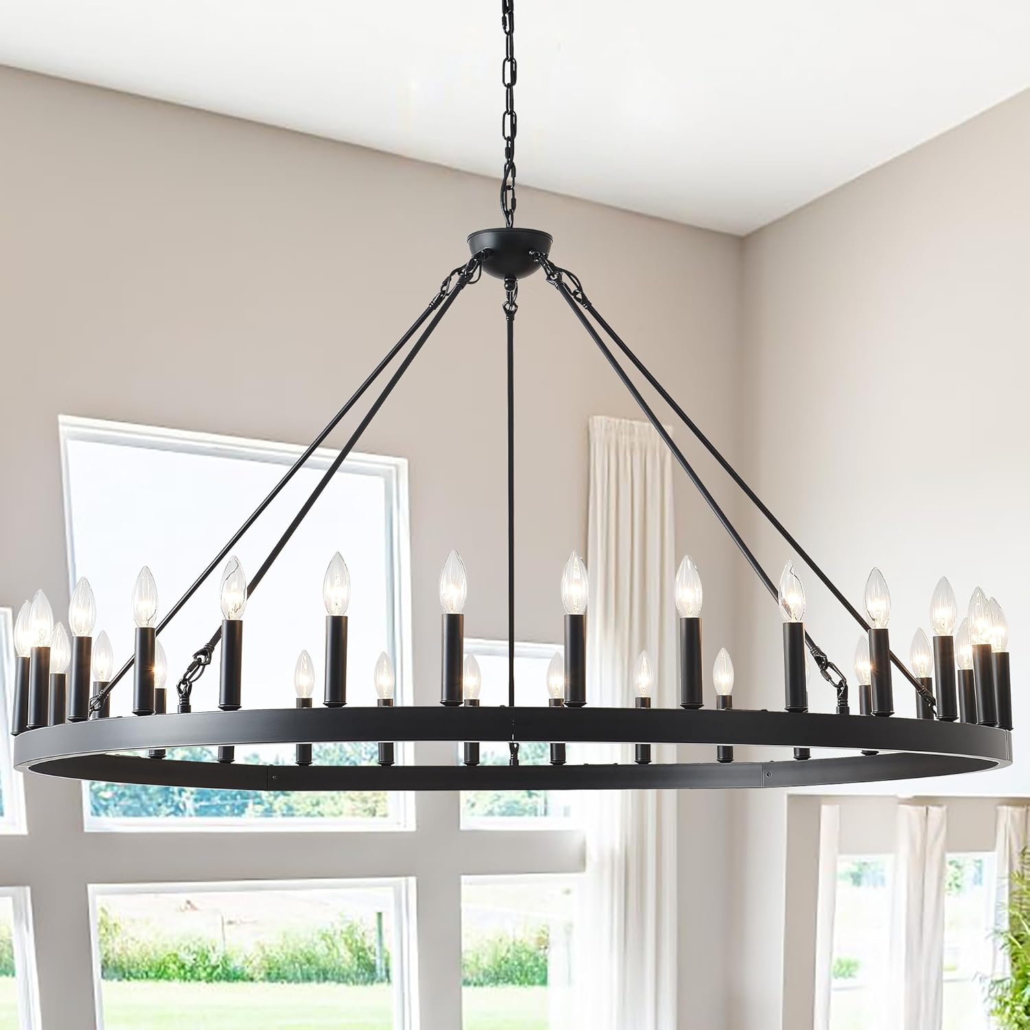 53 Inch Large Black Wagon Wheel Chandelier for High Ceilings