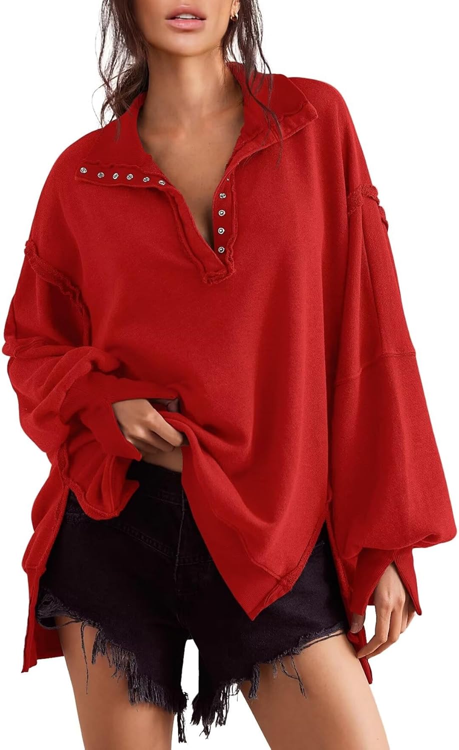 Trendy Henley Pullover Button Sweatshirt for Women S-2XL