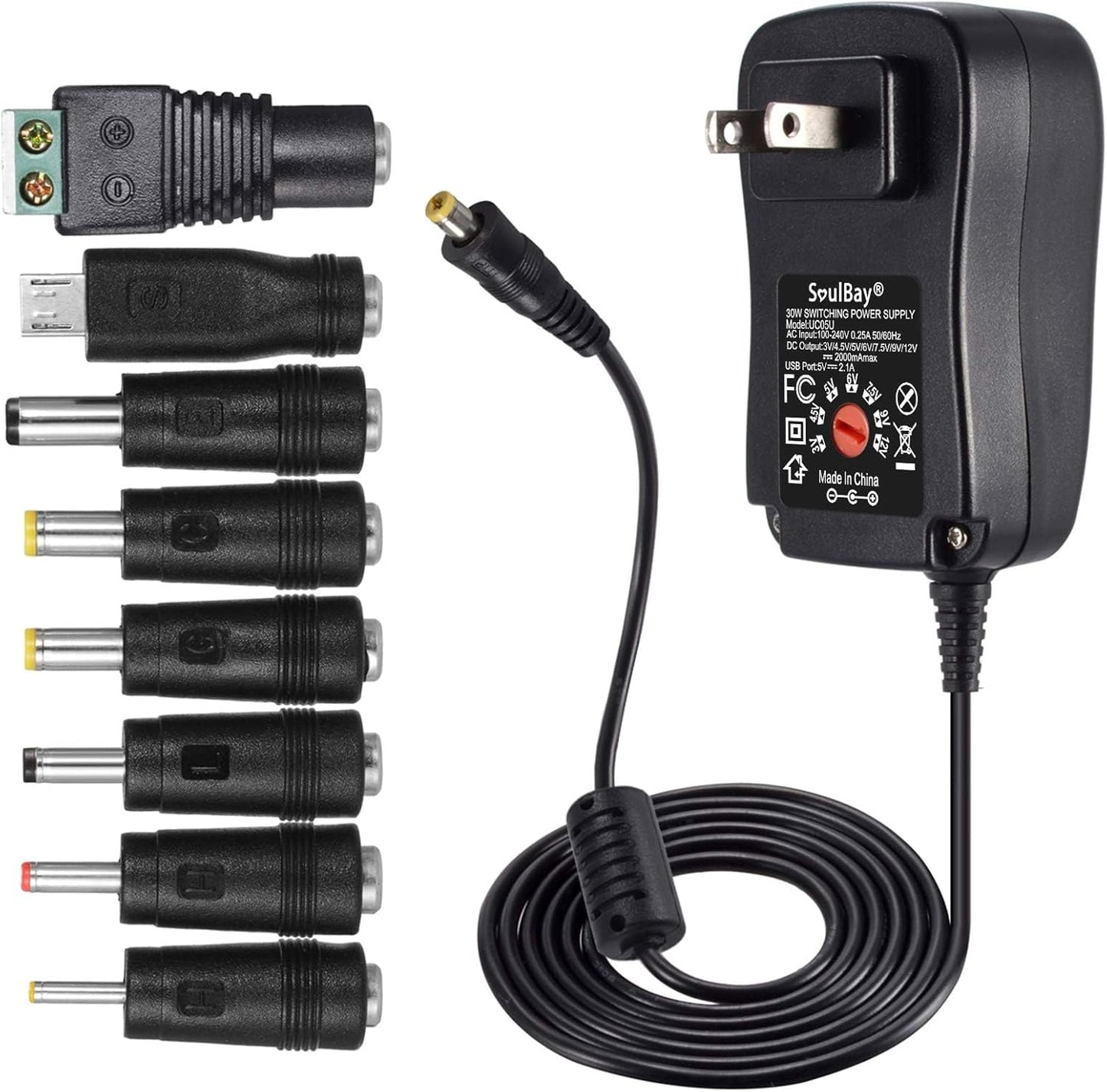 SoulBay Universal AC/DC Adapter Charger | Adjustable Output Voltages | 30W Power Supply