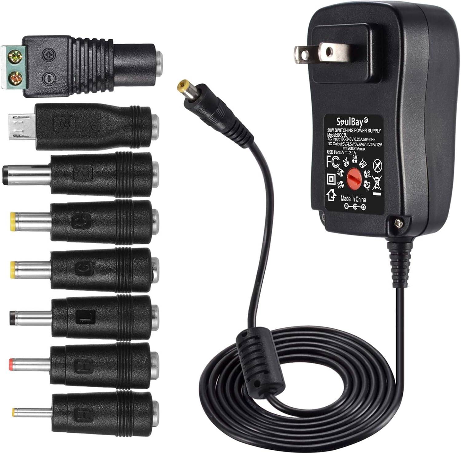 SoulBay Universal AC/DC Adapter Charger | Adjustable Output Voltages | 30W Power Supply