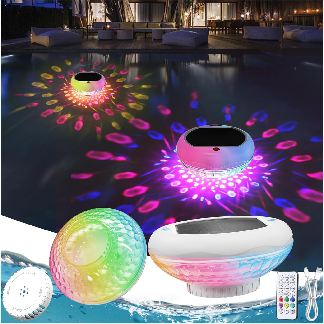 Solar Pool Chlorine Floater with Colorful Lights for Clean Pools