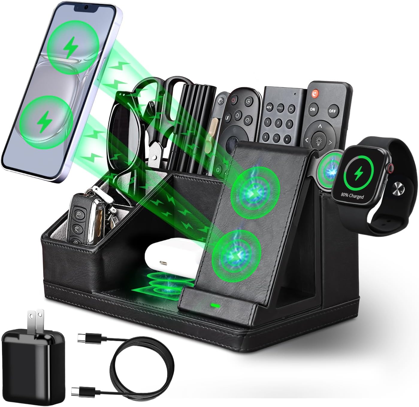 Black Leather Desk Organizer with Charging Station - Declutter & Charge in Style!