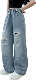 Girls Wide Leg Baggy Jeans - Comfortable Elastic Waist