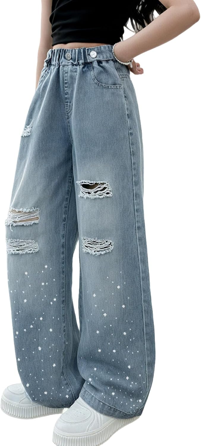 Rolanko Girls Jeans Denim Elastic Waist Wide Leg Baggy Pants